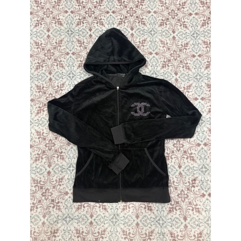 Chanel Black Velour Rhinestone CC Logo Zip Up Hoodie Sweatshirt Size 38